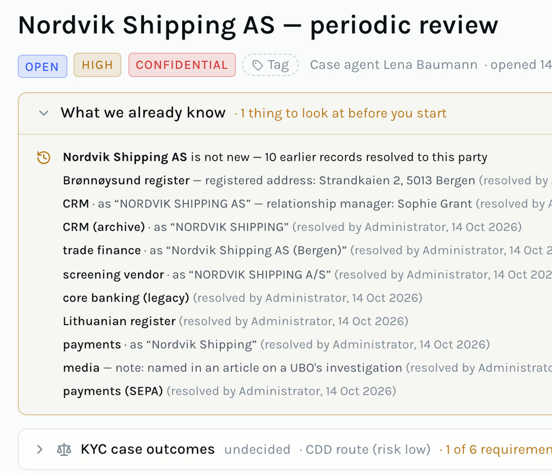 Nordvik Shipping AS: ten earlier records from the bank’s systems resolved to one customer, each with its source