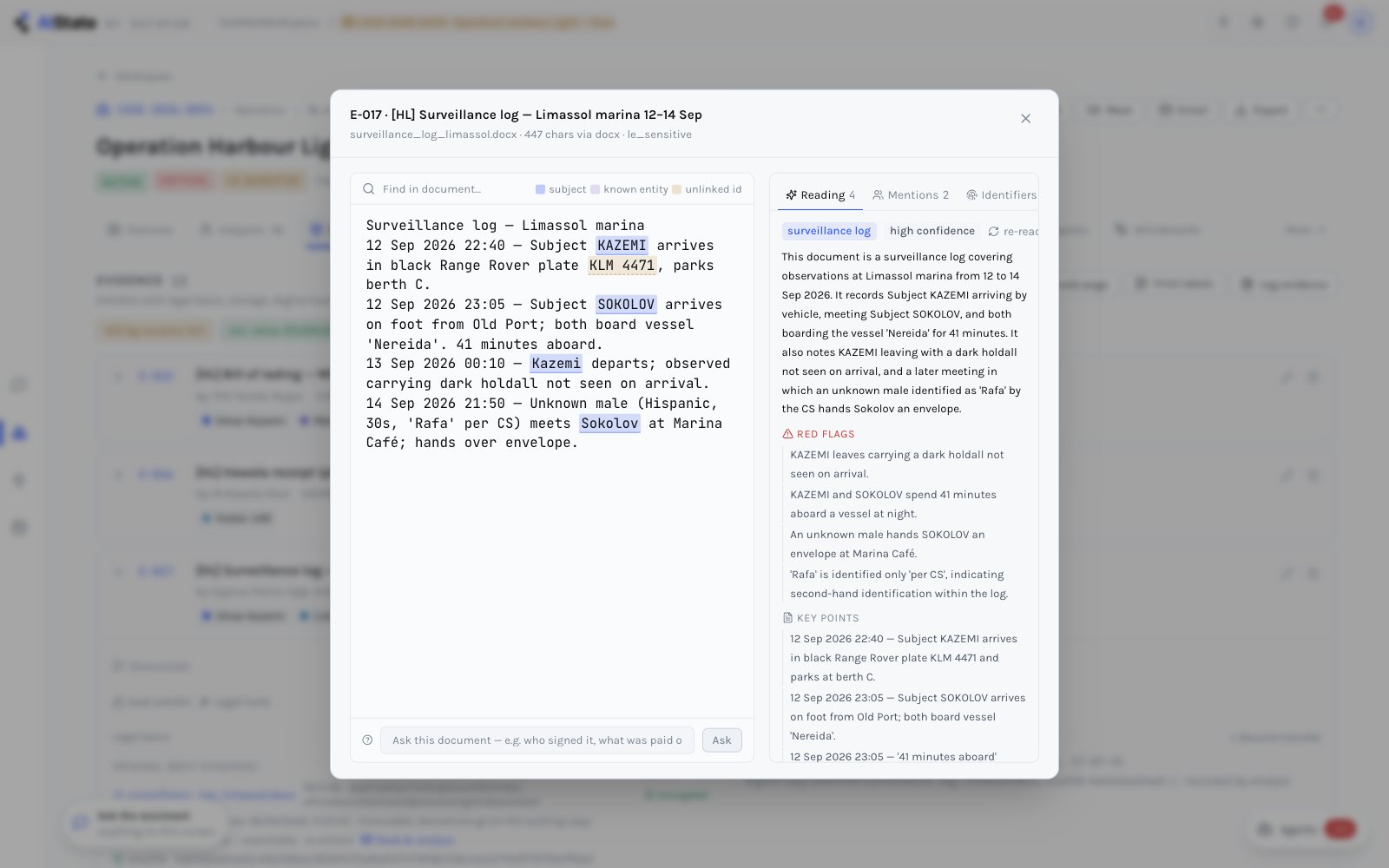 The document workspace with subjects and identifiers highlighted