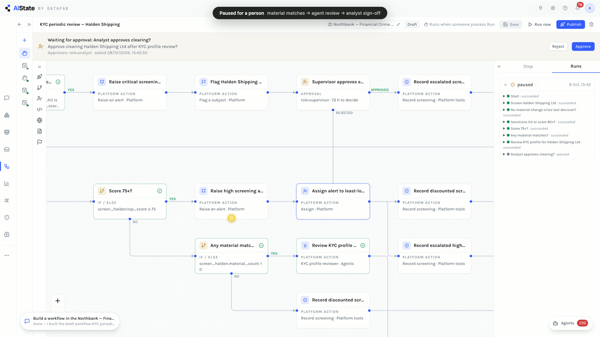 A KYC workflow run paused for an analyst's approval