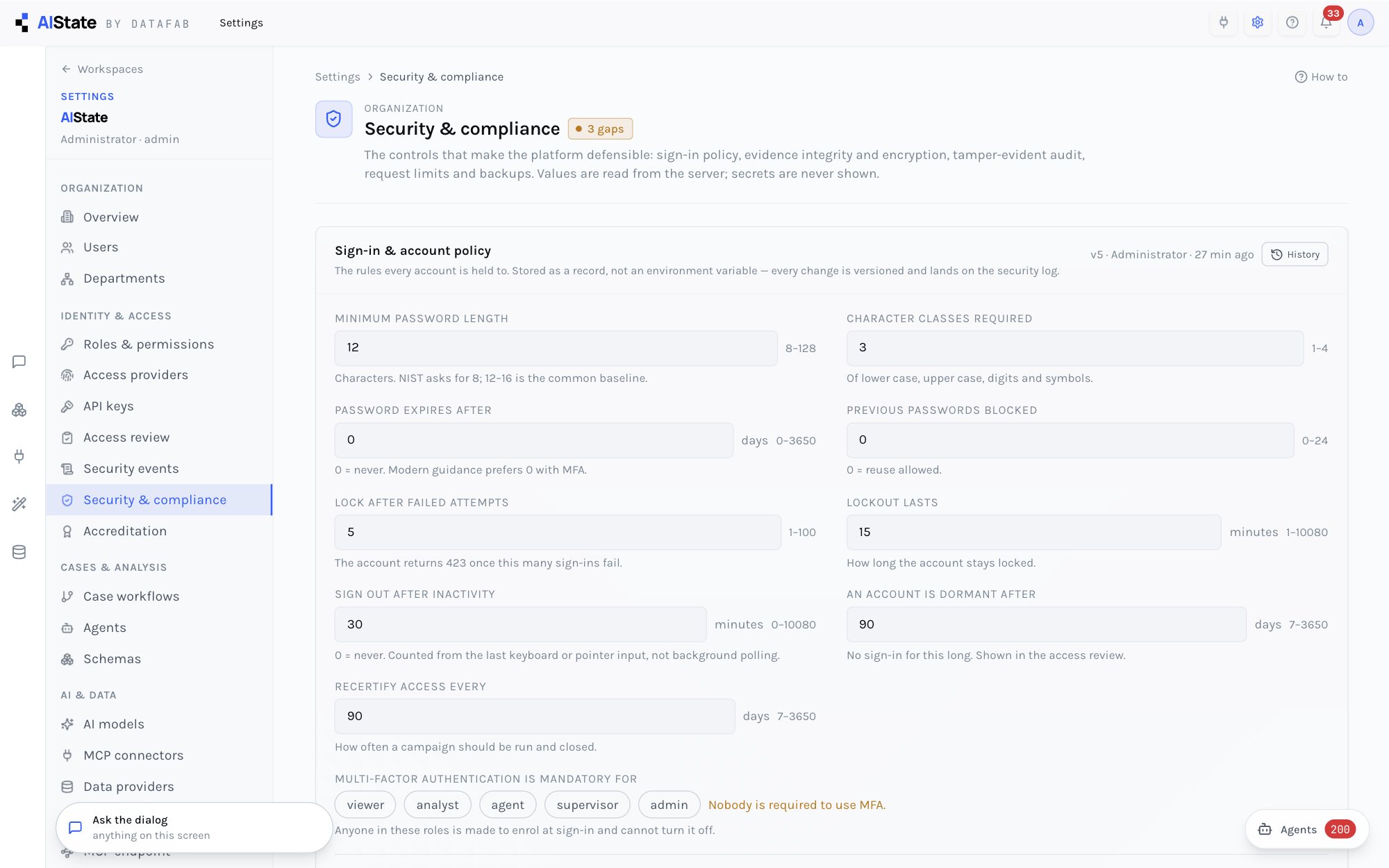 The sign-in and account policy editor