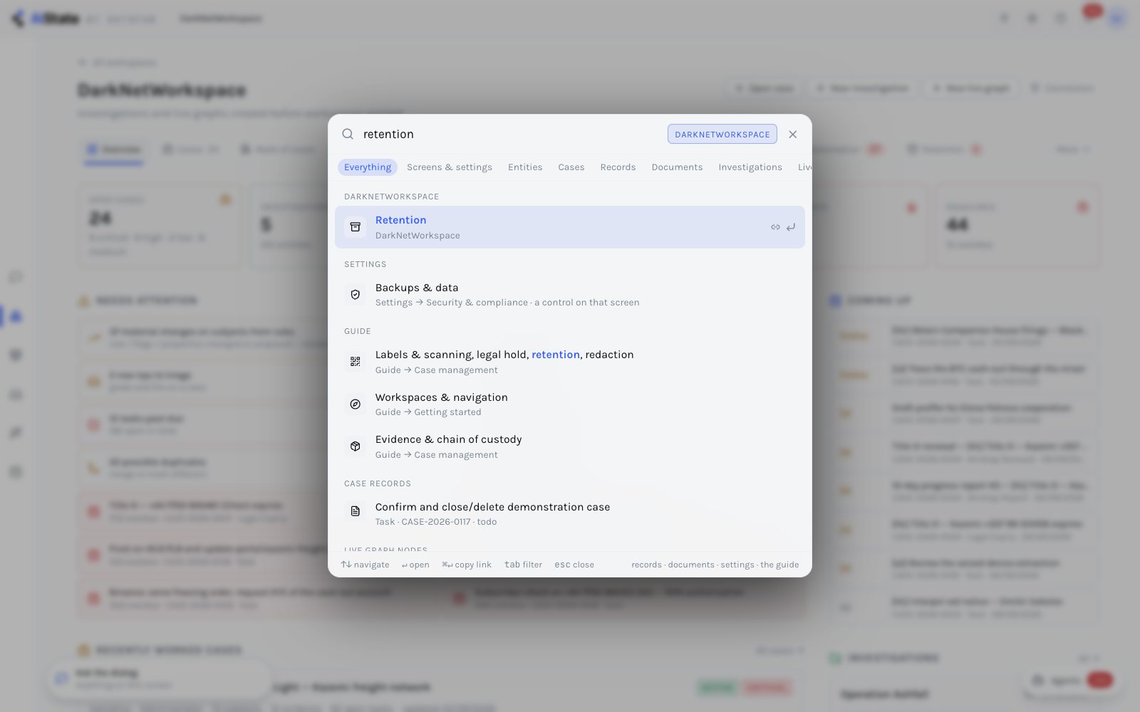 ⌘K finding a settings screen and a guide topic