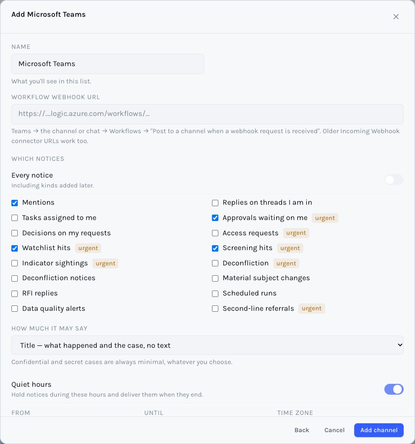 Adding a Microsoft Teams channel: notice kinds, detail level, quiet hours
