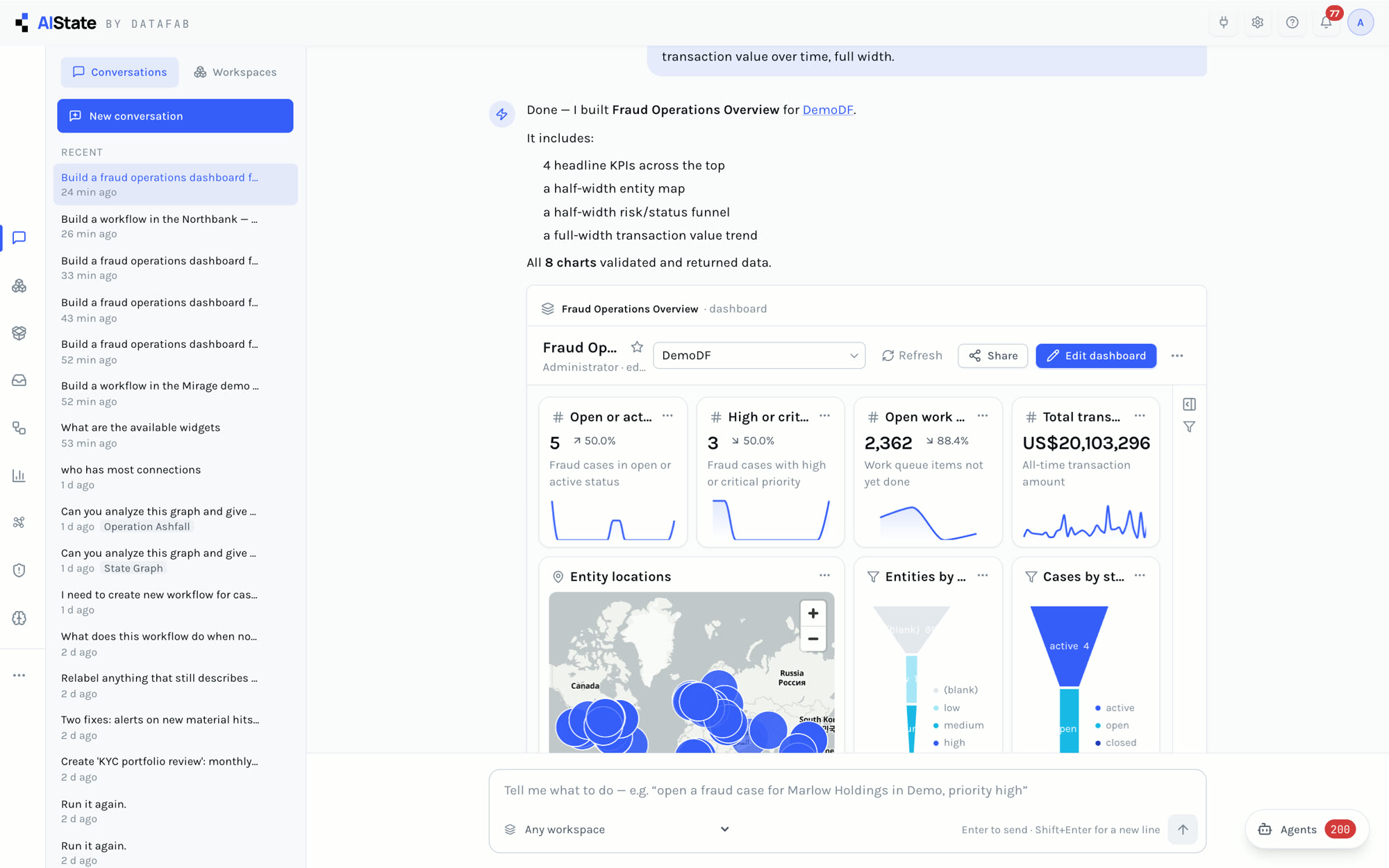 The Dialog builds a fraud operations dashboard and shows it in the conversation