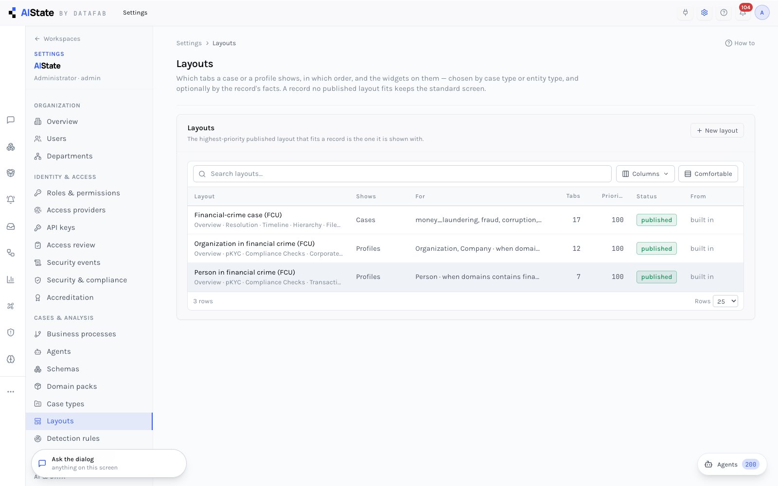 Settings, Layouts: the built-in layouts