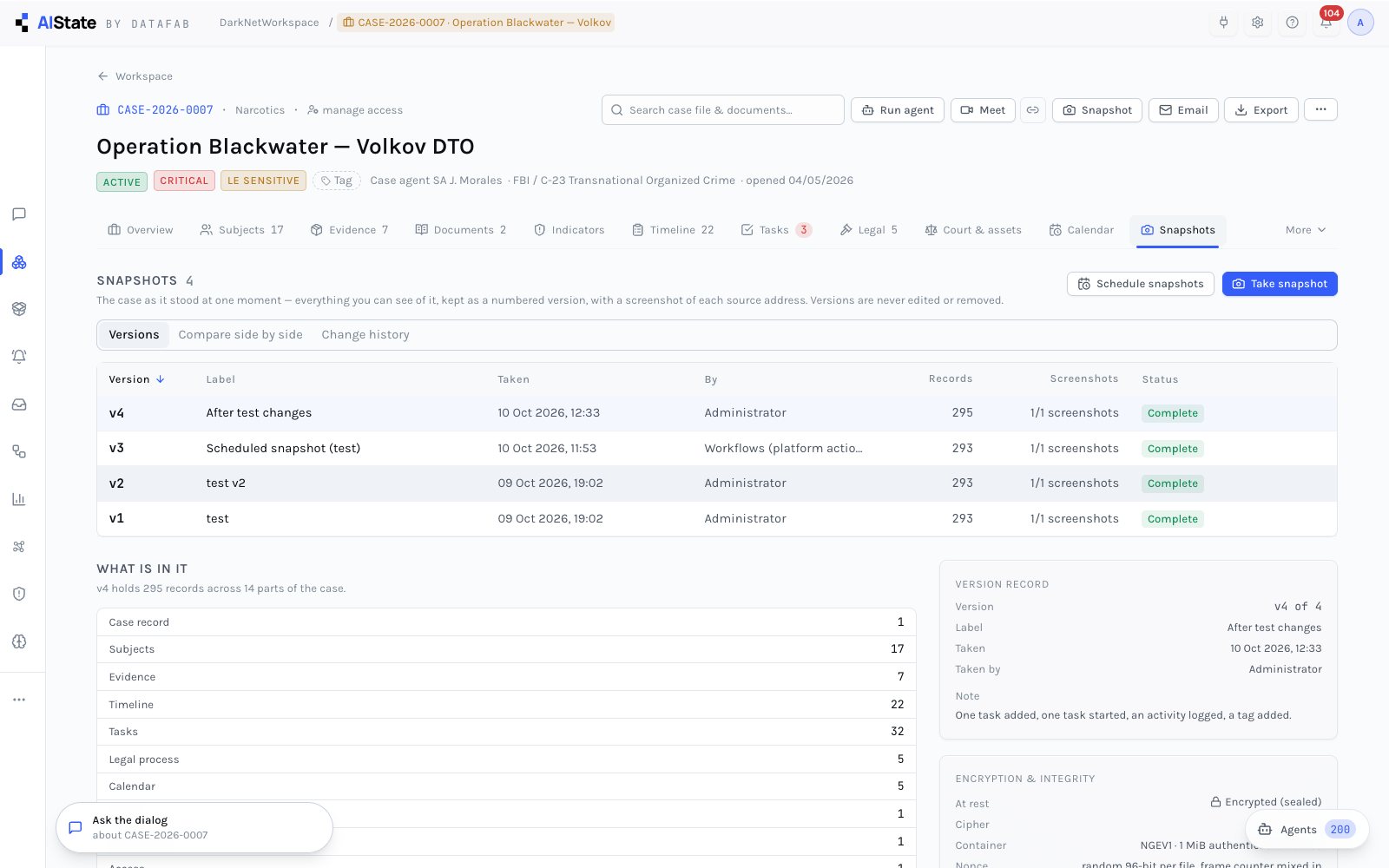 The snapshot register with a version's contents and encryption
