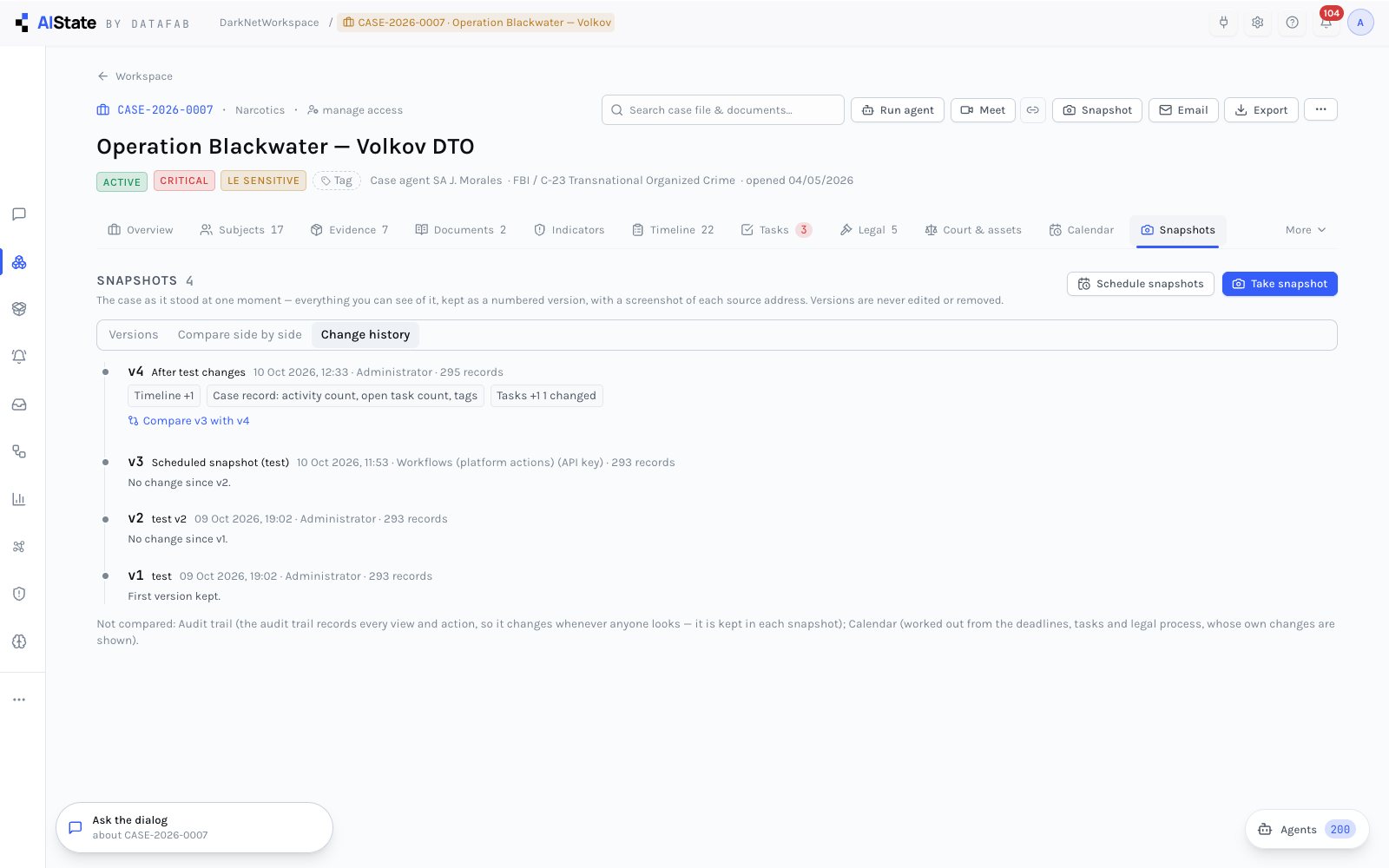 The change history between snapshots