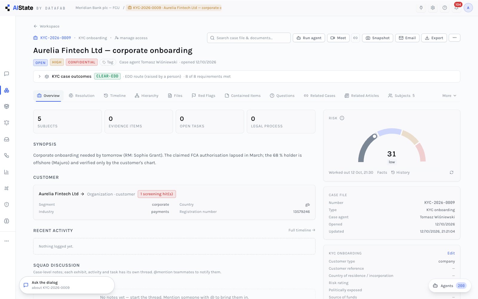 A KYC onboarding case with its outcomes