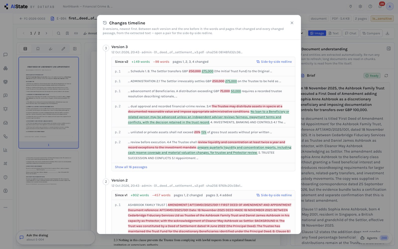 The changes timeline across three versions of a document