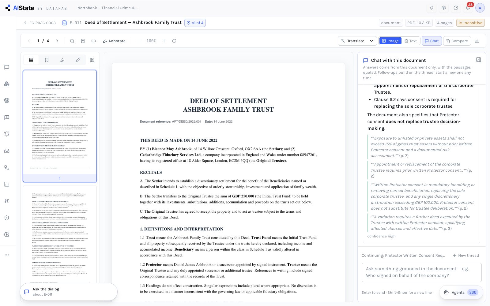 A chat thread answering from the document with quoted passages