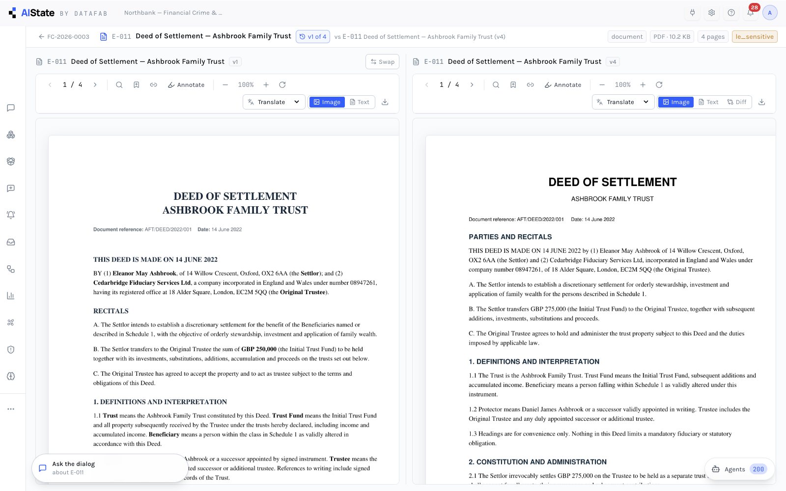 Two versions of a deed side by side