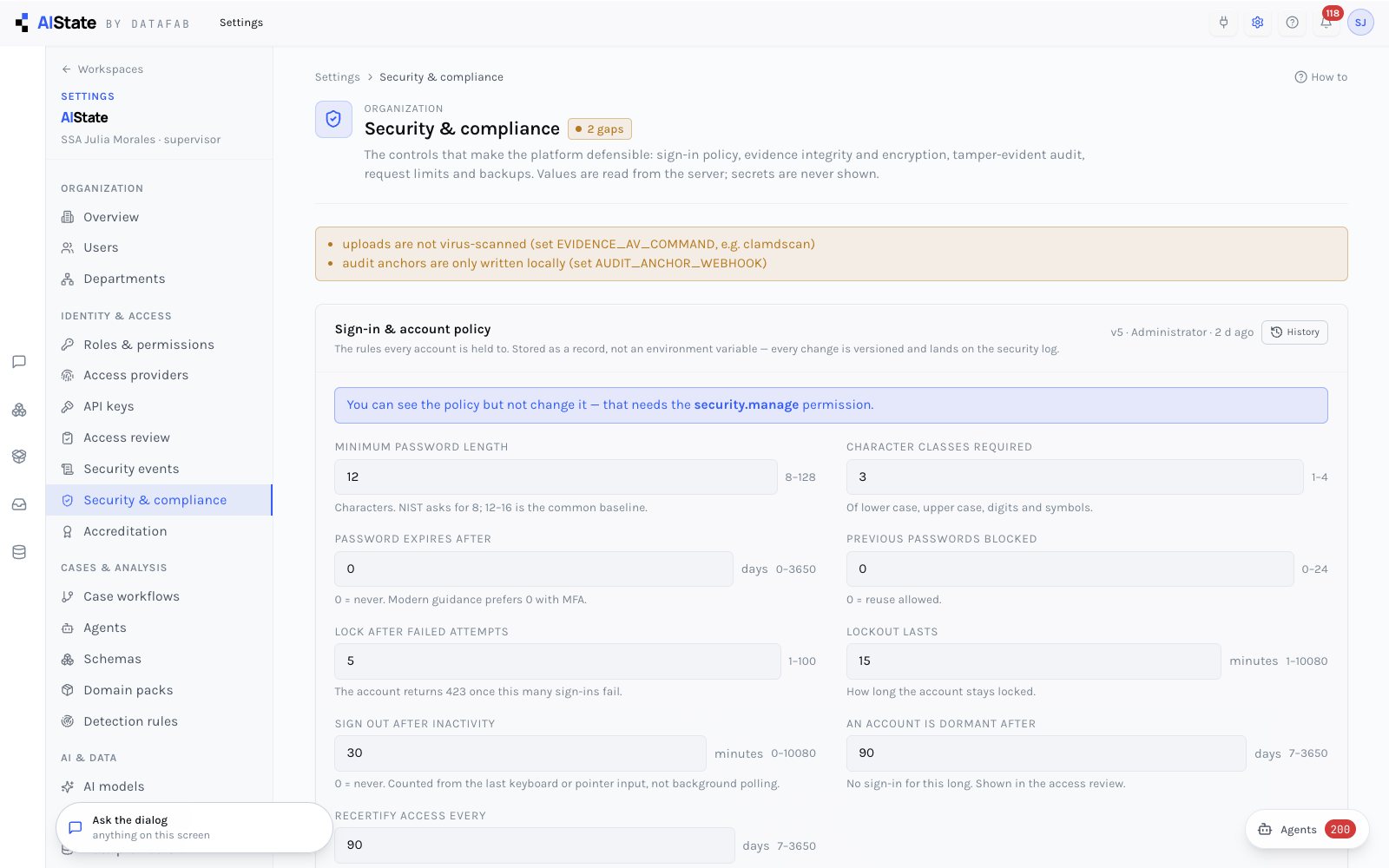 Security and compliance: the posture blocks below the editable policy