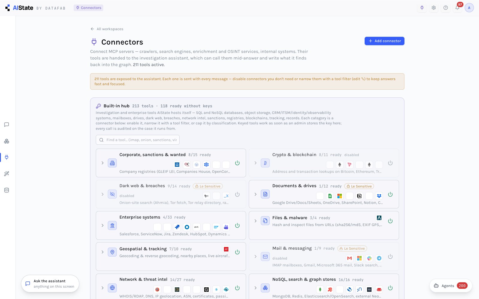 Connectors — the built-in hub grouped by family, with each category’s tool count, what is ready without a key, and the classification cap. Keys are stored server-side and never shown.