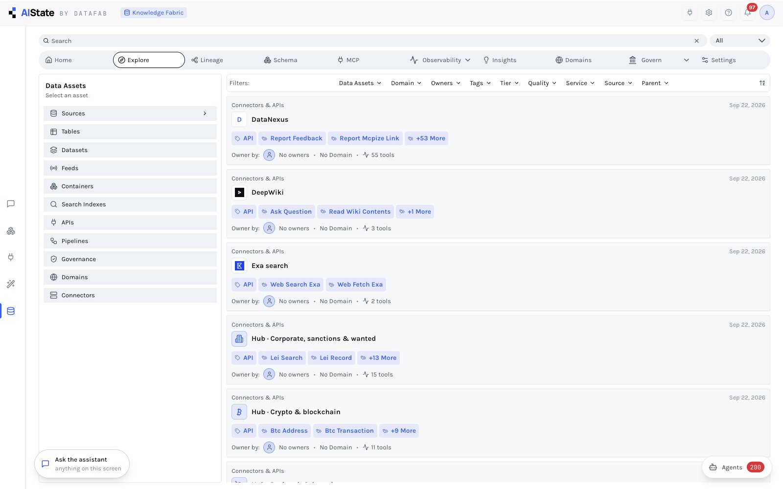 Explore — full-text search across assets, columns and tags, with the sampled schema and the last time each asset was seen.