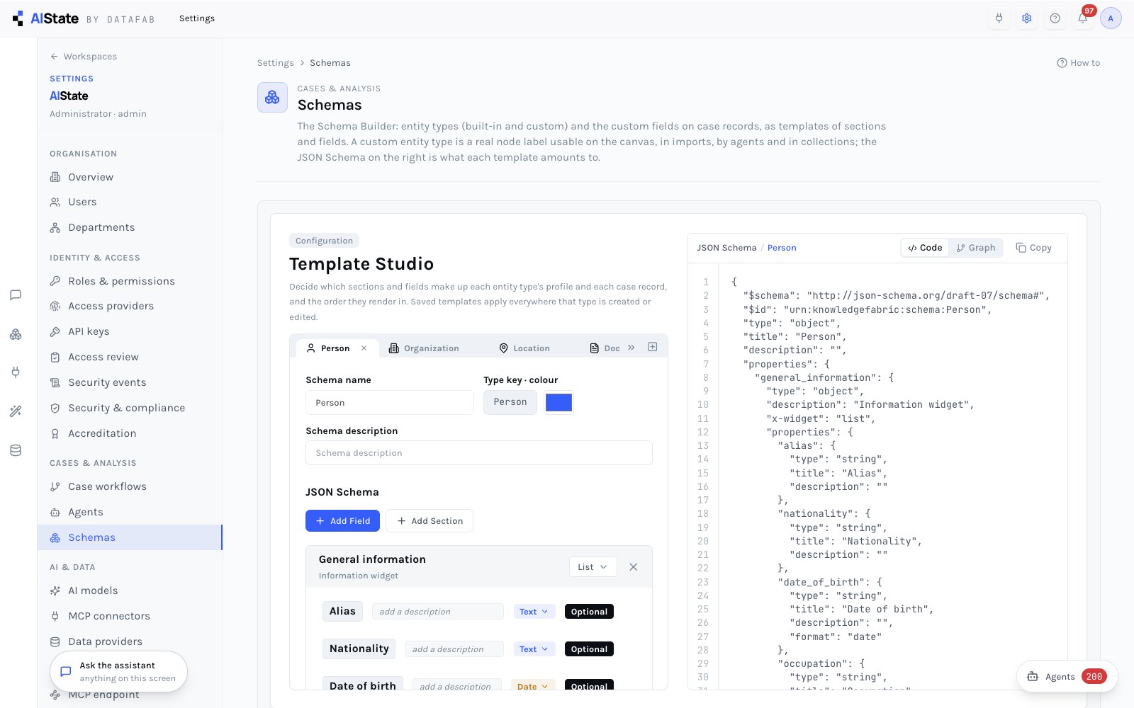Schemas — entity types and record fields defined in the builder; a new type becomes a first-class label in the graph, with its own colour, icon and forms.