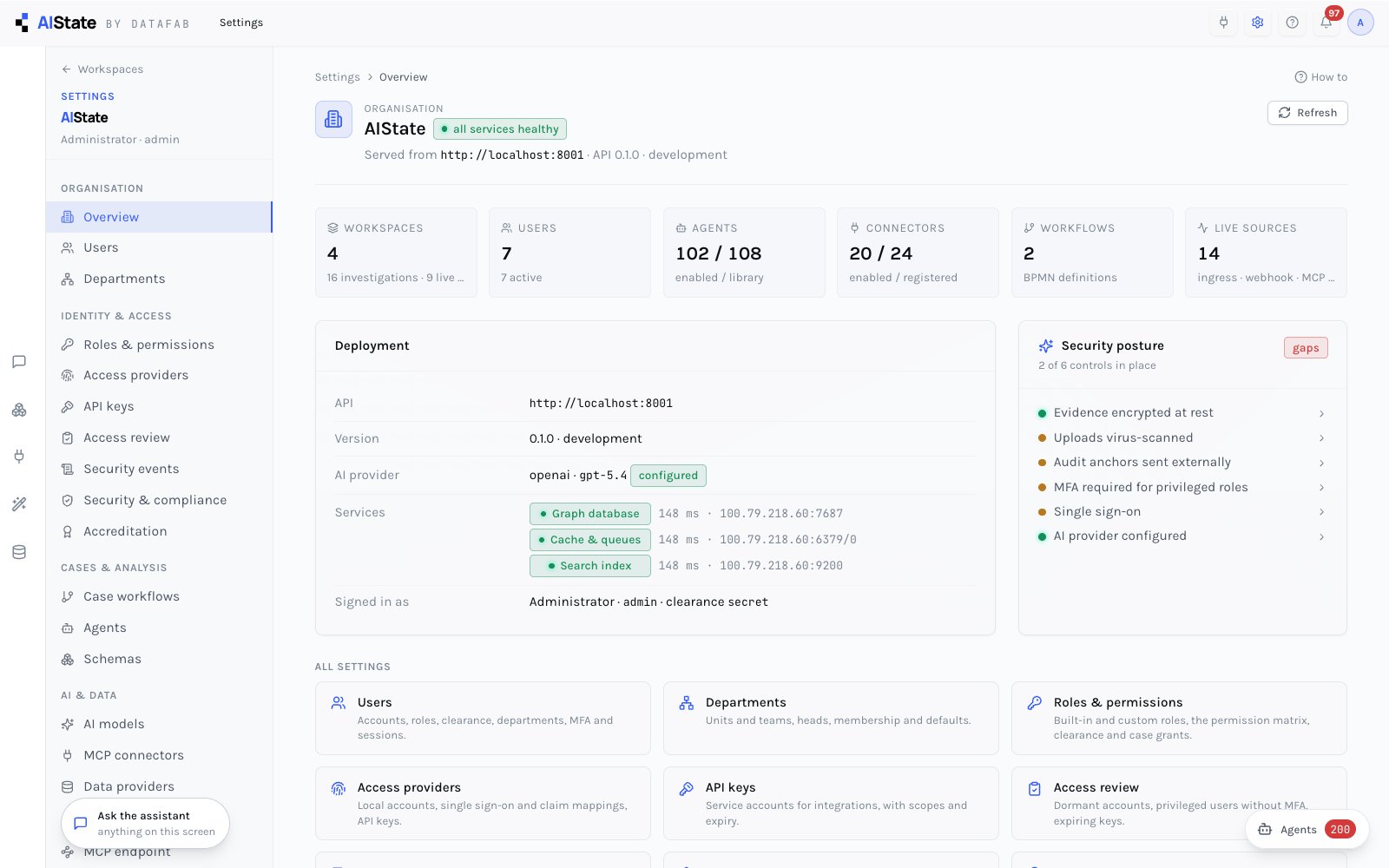 Settings — every administrative control in one module: organization, identity and access, cases and analysis, AI and data, integrations, system.